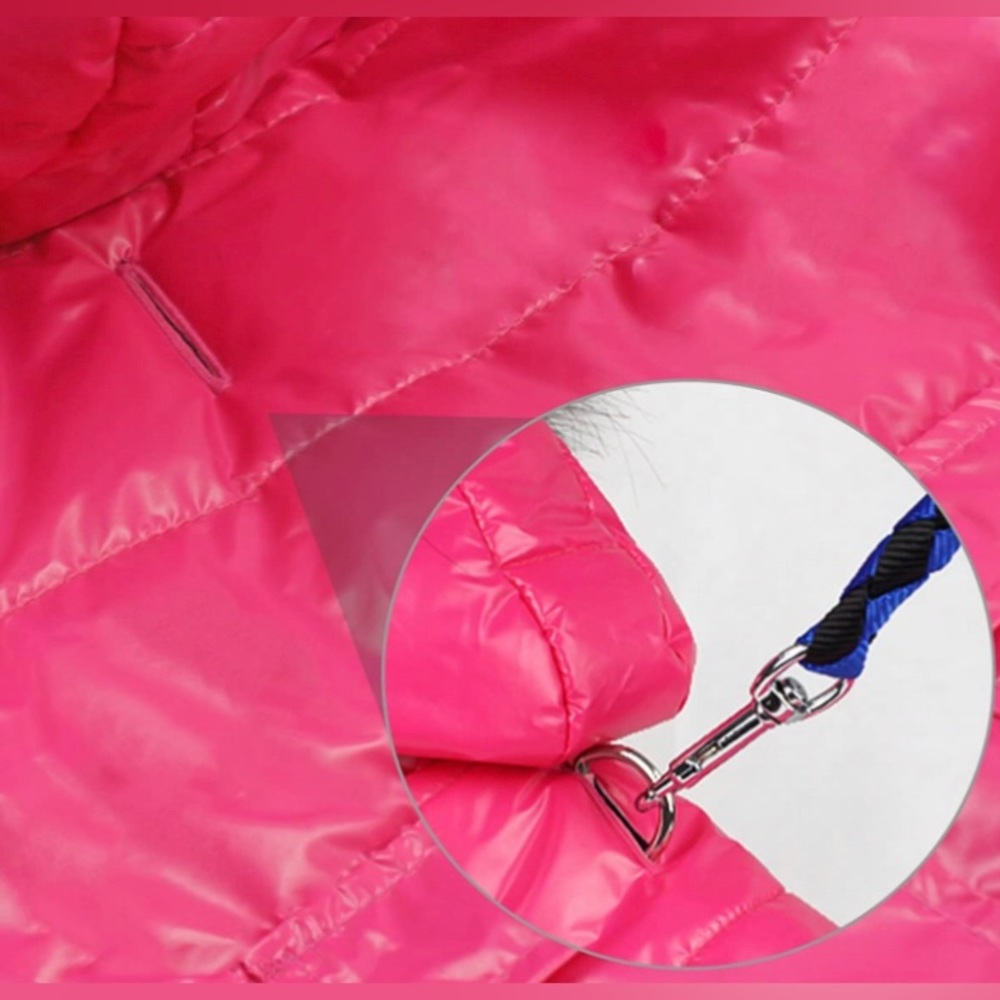 “Pink Dog Puffer Jacket” Fur Hood Warm Winter Wind/Waterproof Cat Pet Lined Coat - Picture 8 of 9